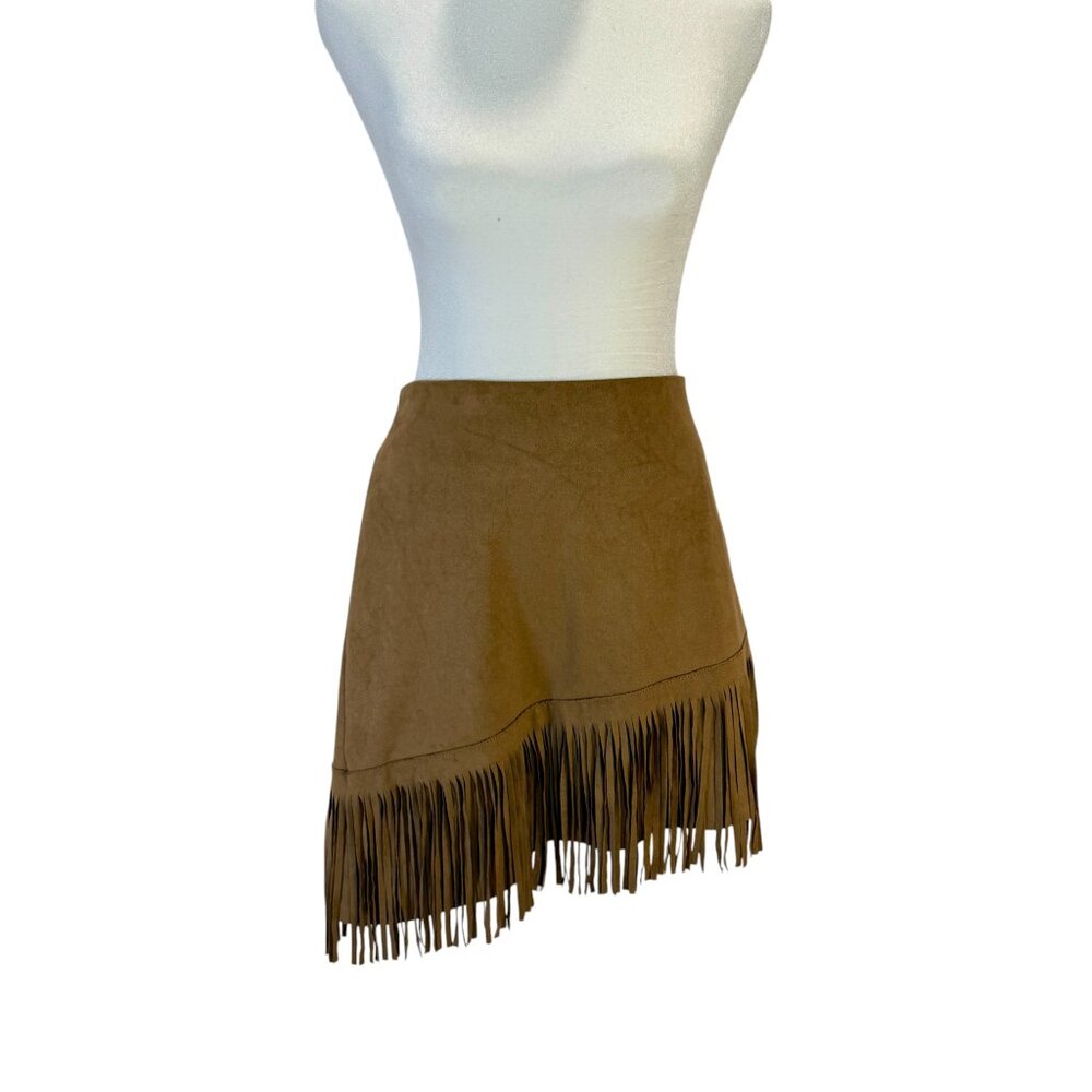 Boho Faux Suede Fringe Mini Skirt, Asymmetrical Hem, Tan/Brown
